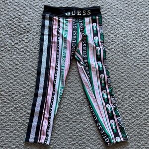 Guess Girls Black Pink Green Striped Logo Leggings
